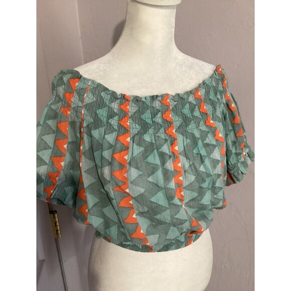Anthropologie Feather Bone Demetria Smocked Cropped Top Blue Orange Stripe S - Picture 3 of 8